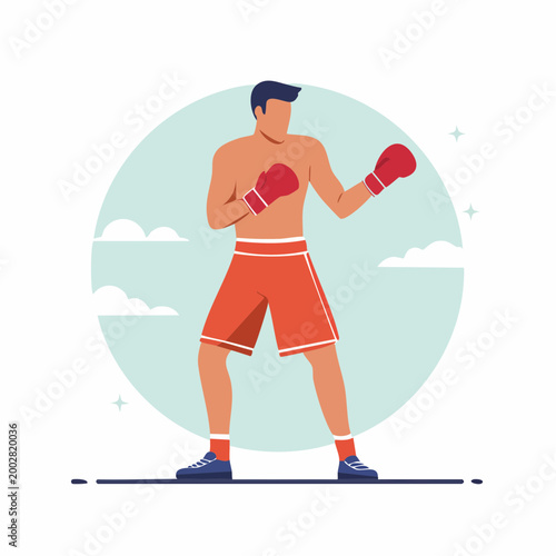 Boxer in Fighting Stance with Red Gloves and Shorts