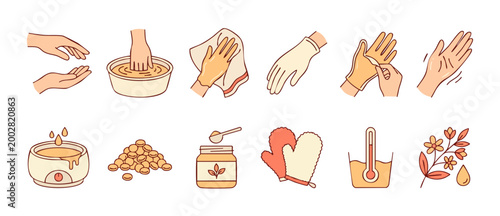 Paraffin Wax Hand Treatment Icons Set: Spa Therapy, Moisturizing Skin Care, Manicure Process, Thermal Beauty Procedures, Waxing Equipment, Heat Therapy, Natural Cosmetic Ingredients, Vector Illustrati