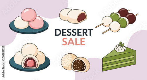Japanese and Asian Traditional Dessert Vector Illustration Collection, Flat Design Style Dessert Sale Promotion Banner