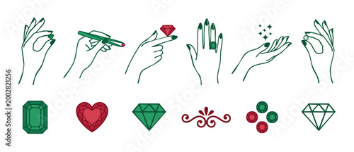 Hands holding diamonds and gemstones icons, set of jewelry vector illustrations, elegant linear style design elements for luxury fashion branding, retail jewelry shop marketing, and wedding accessorie