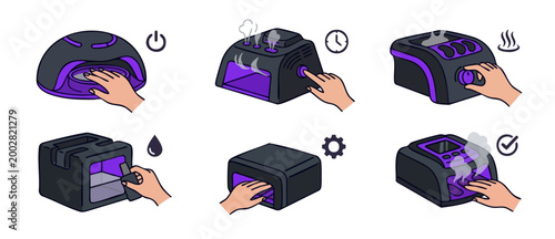 UV LED Nail Lamp Instructions Vector Set, Manicure Gel Drying Process Infographic for Professional Salon and Home Beauty Care Equipment, Step-by-Step Usage Guide for Hybrid Polymerization and Curing