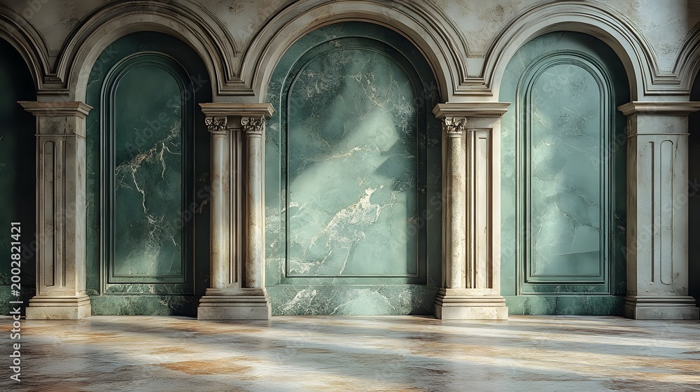 Fototapeta premium Interior of a spacious hall with marble walls and arched columns in natural light during the day