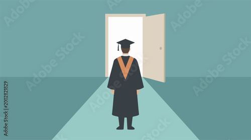Photos Graduate facing an open door, symbolizing new beginnings and future path
