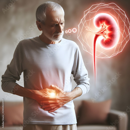 Elderly man holding his stomach in discomfort, with a thought bubble showing a painful kidney, symbolizing kidney disease or urinary issues.