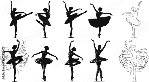 Ballerina. 10 different vector ballet girls silhouettes. Transparent EPS version.