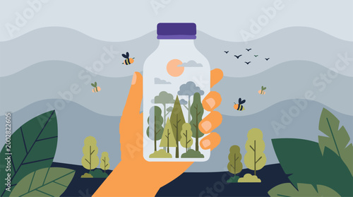Hand holding bottle with miniature forest, symbolizing nature conservation