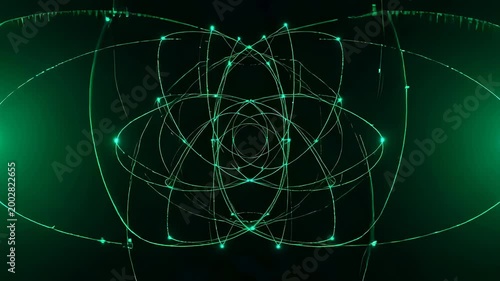 Green glowing atom structure spinning in space. Abstract scientific model of atomic particle with light trail energy rings. Futuristic physics research simulation.