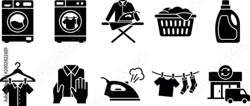 Laundry and cleaning icons set in black silhouette style