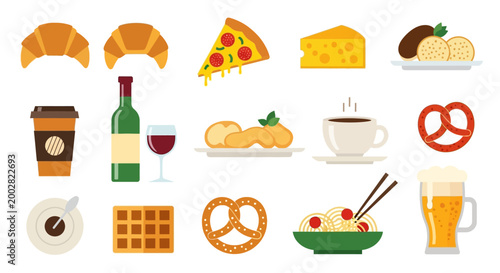 Flat vector illustration showcasing a variety of foods and drinks including croissants, pizza, cheese, coffee, wine, waffles, spaghetti, and beer, all arranged on a clean white background