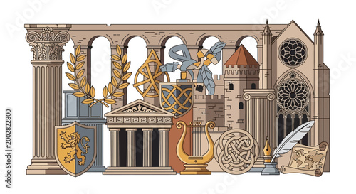 Detailed illustration showcasing architectural elements and historical artifacts, including Greek columns, arches, medieval castles, and heraldic shields, rendered in a flat, illustrative