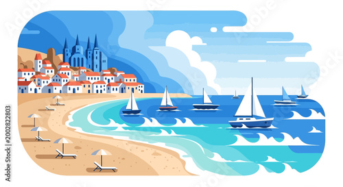 Vector illustration of a coastal cityscape featuring sailboats on turquoise water and umbrellas on a sandy beach, rendered in a flat style with bright, summery colors and a cheerful