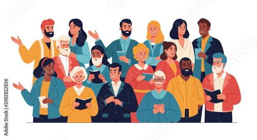 Diverse group of people standing together, some holding songbooks and singing with open mouths in a brightly lit cartoon illustration with a clean white background, creating a harmonious