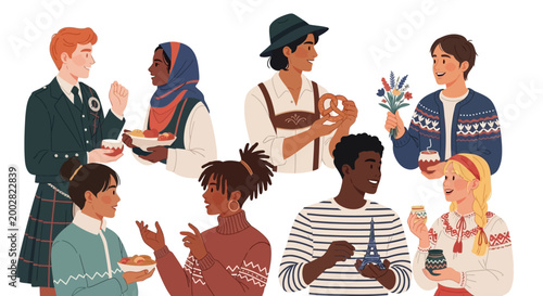 Diverse group of young adults in traditional clothing from various cultures, each holding food items and facing each other in conversation against a clean white backdrop, creating a vibrant