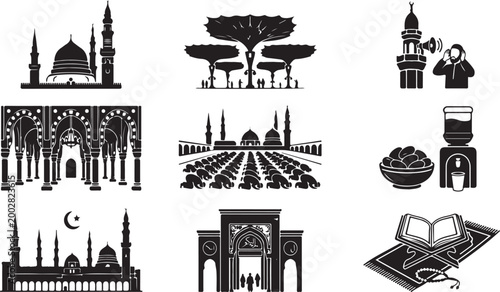 Bild auf Leinwand Islamic Mosque and Ramadan Prayer Icon Set Muslim Salah Crowd Architecture Quran