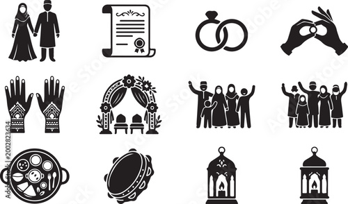 Islamic Wedding and Eid Family Icon Set Nikah Ceremony Mehndi Hands Lantern Iftar Food Muslim Celebration Silhouette Vector
