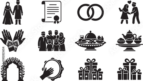 Muslim Wedding and Eid Celebration Icon Set Islamic Nikah Family Mehndi Food Gift Drum Silhouette Vector Collection