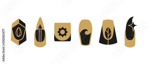 Nail Art Icons Set Golden Black Minimalist Shapes for Manicure Design and Beauty Branding Featuring Geometric Shields Arrows Gears Waves Leaves and Sparkles Symbols for Elegant Cosmetic Professional U