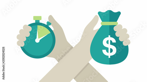 Time and money concept with hands holding stopwatch and money bag