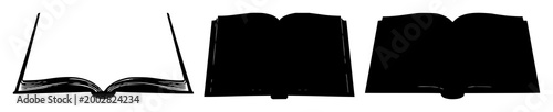 Open book set with black silhouette against white background featuring book, literature, reading with silhouette and vector design