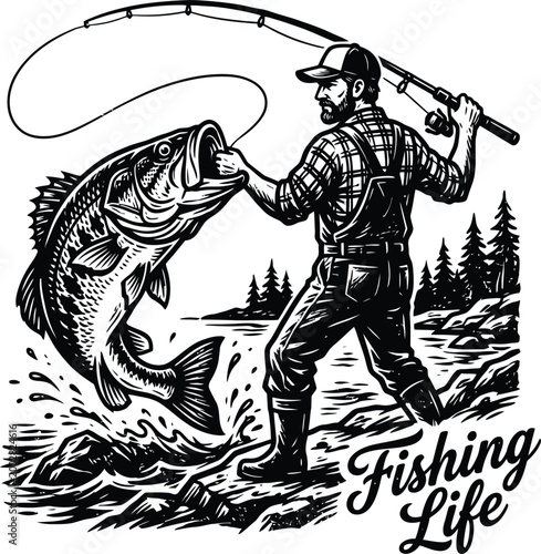 Retro woodcut style illustration of a bearded fisherman catching a large bass jumping out of the water outdoors.
