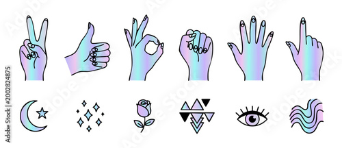 Holographic Hand Signs and Mystic Symbols Set, Vector Icons Collection featuring Gesture Expressions, Celestial Moon, Rose, and Geometric Shapes for Modern Minimalist Design, Trendy Iridescent Style