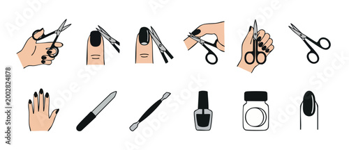 Manicure icons set with nail scissors, files, and polish tools for professional beauty salon services, hygiene procedures, nail care routine, and hand treatments, vector flat design illustration eleme