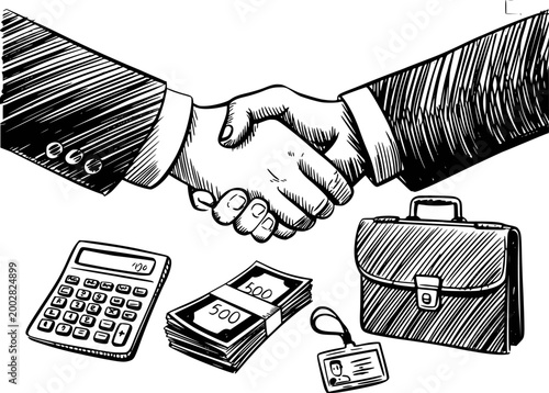 Business handshake with calculator, money stack, briefcase, and id badge agreement