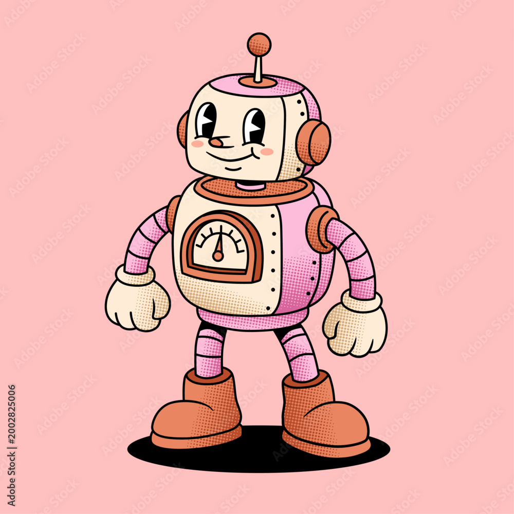 Obraz premium Retro Pink Cartoon Robot Character Standing With Smiling Face and Vintage Gauge Chest Illustration