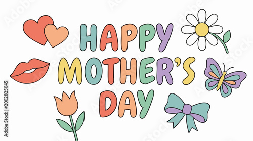 Happy Mother's Day colorful cartoon illustration with hearts, flowers and butterfly