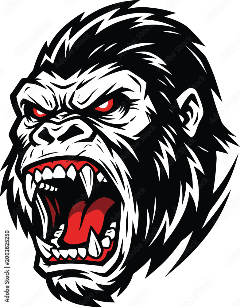 Fototapeta premium Fierce silverback gorilla esports mascot head illustration with aggressive expression and red glowing eyes vector.