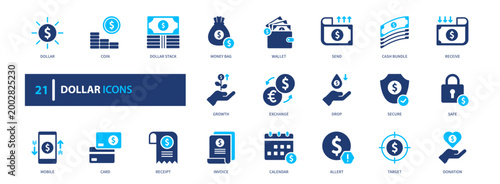 Dollar finance icon set. money, currency, payment, banking, investment. solid style icon collection.