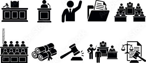 Legal system icons courtroom judge gavel and justice concepts