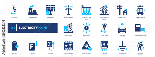 Electricity icon set. power, energy, voltage, grid, technology. solid style icon collection.