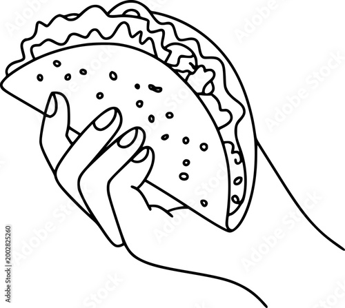 Hand holding a delicious taco, simple line of mexican food