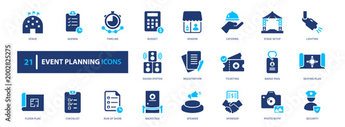 Event planning icon set. organization, schedule, management, celebration, service. solid style icon collection.