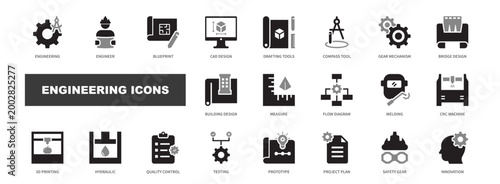 Engineering icon set. industry, technology, machinery, system, development. solid style icon collection.