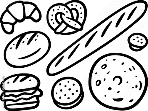 Hand-drawn bakery assortment: croissant, pretzel, baguette, buns, and burger bread