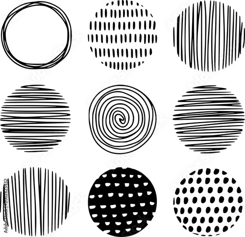 Hand-drawn black and white abstract circles with various textures and patterns