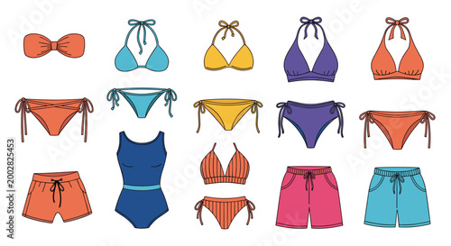 Selection of various swimwear items including bikinis, swim trunks, and a one-piece swimsuit in bright colors like blue, orange, and purple.