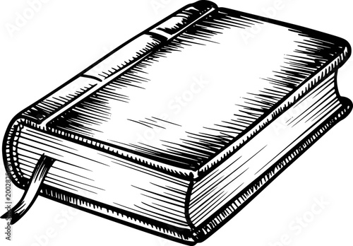 Hand-drawn black and white of a closed book with a ribbon bookmark, isolated white