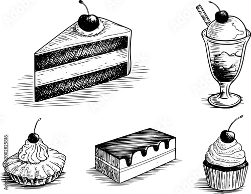 Hand-drawn black and white of assorted desserts including cake, cupcake, and sundae