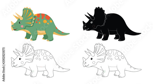Triceratops dinosaur illustrations provided in four different styles including color,silhouette,and two types of line art.