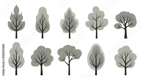 Set of stylized tree shapes and silhouettes in different shades of gray showcasing various canopy and branch structures.