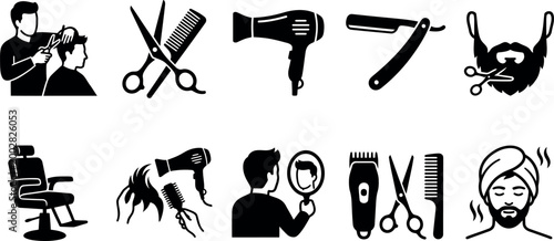 Barber shop tools and services collection in black and white