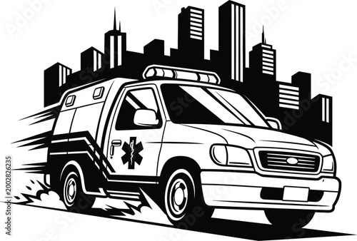 Black and white illustration of a fast ambulance vehicle.