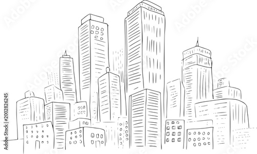 Hand-drawn of a dense city skyline with various tall buildings urban architecture