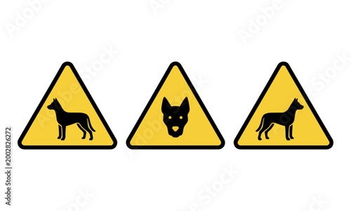Guard dog warning sign icon on yellow triangular minimalist graphic