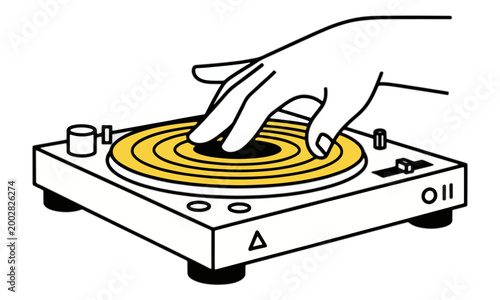 DJ hand scratching vinyl record on turntable vector illustration