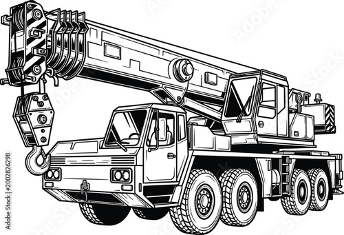 Black and white line art illustration of a heavy duty mobile crane truck.