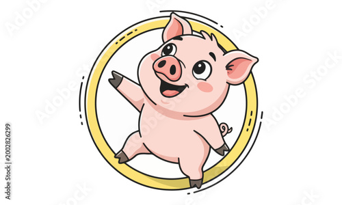 Piglet Character Smiling and Waving in Yellow Circular Frame